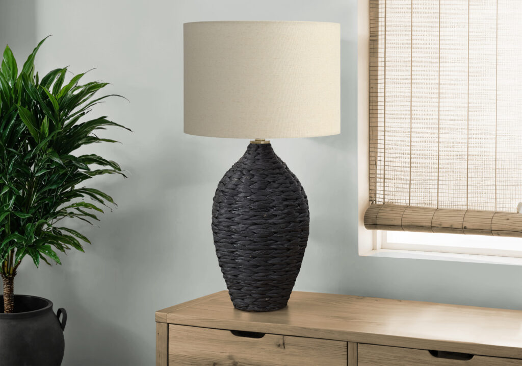Lighting, 30″H, Black Rattan, Beige Shade, Transitional