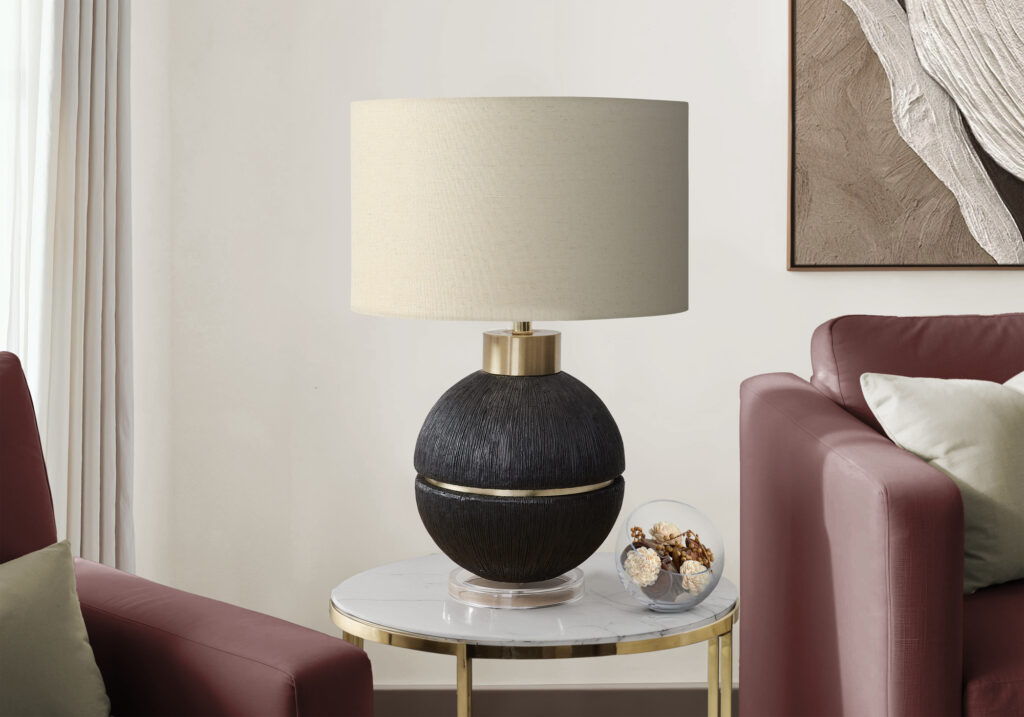 Lighting, 26″H, Table Lamp, Black / Gold Resin, Beige Shade, Contemporary, Modern