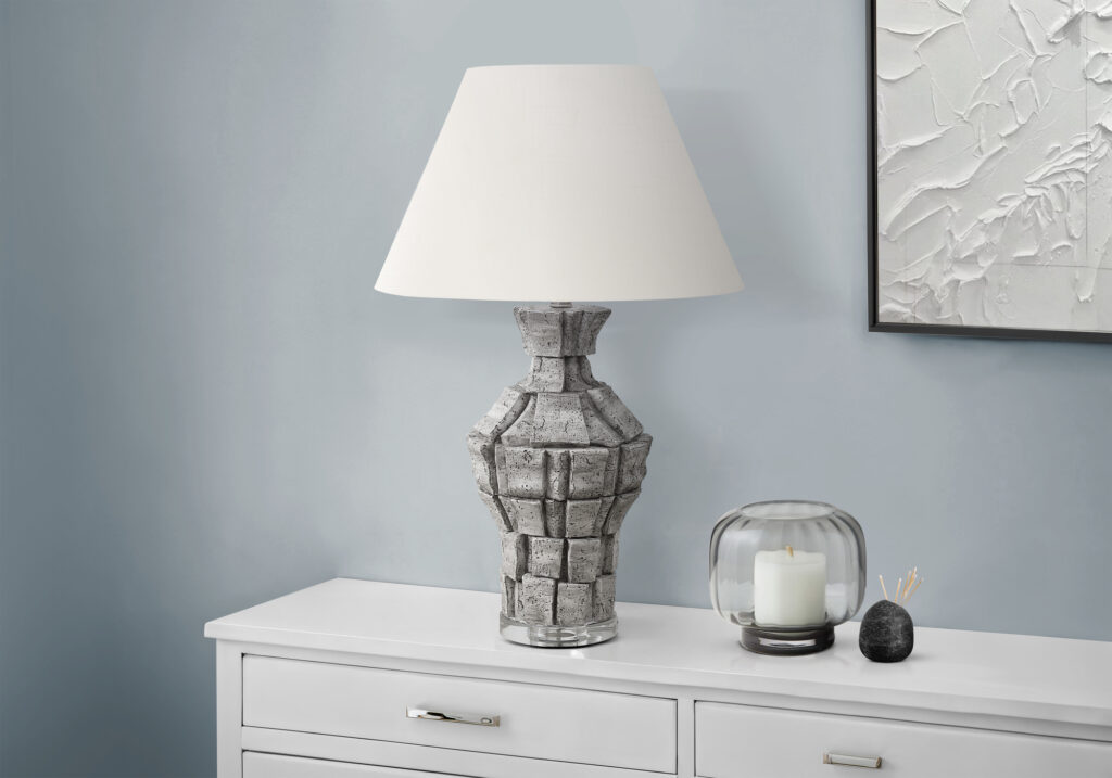 Lighting, 28″H, Table Lamp, Grey Resin, Ivory / Cream Shade, Contemporary, Modern