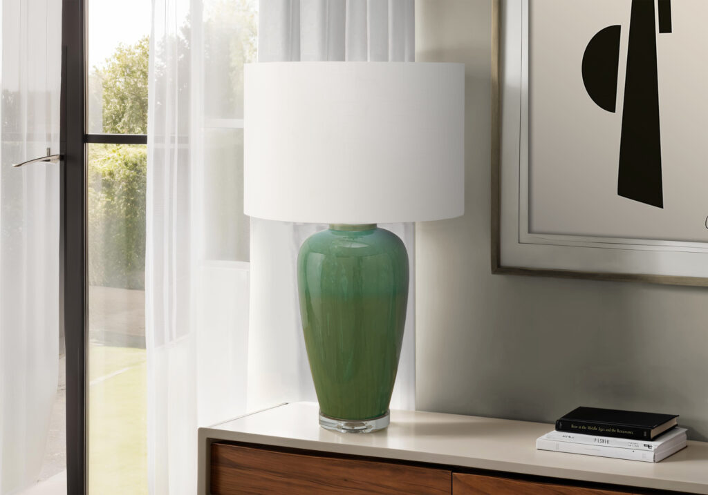 Lighting, 29″H, Table Lamp, Green Ceramic, Ivory / Cream Shade, Contemporary, Modern