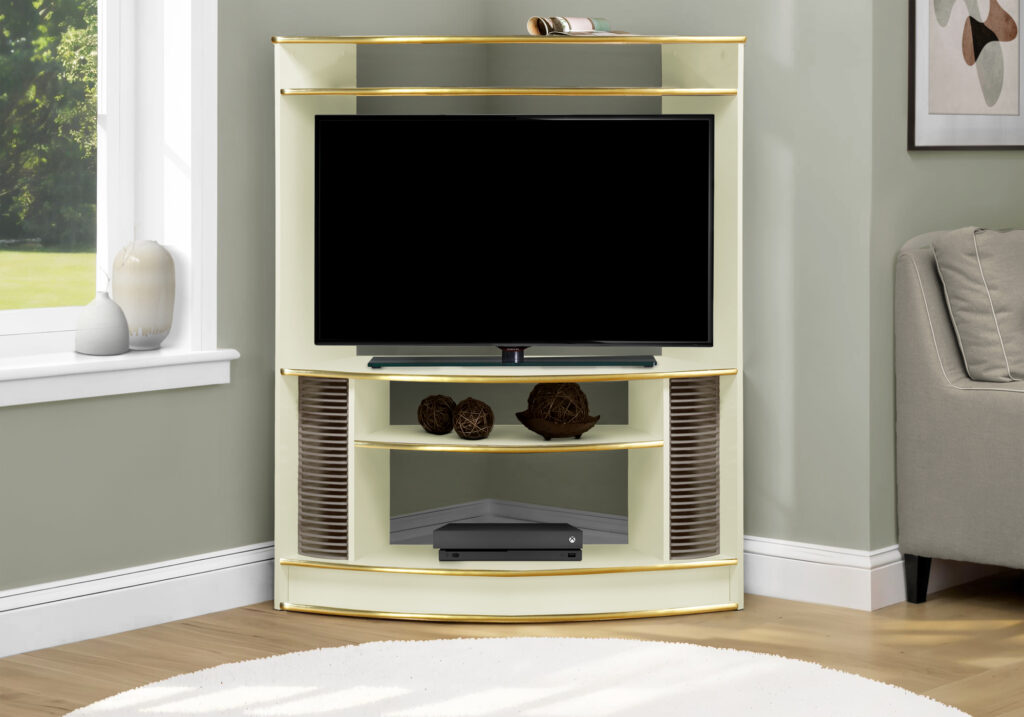 Beige brass accent corner unit tv stand